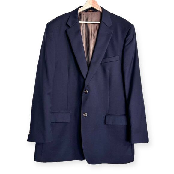 Joseph & Feiss Gold 100% Wool Navy Blue Two Button Blazer Men's Size 48L - Picture 1 of 12